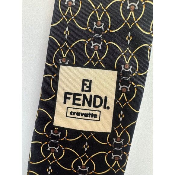 Fendi Men's Designer Silk Tie Black Geometric Made in Italy Career - Picture 4 of 7